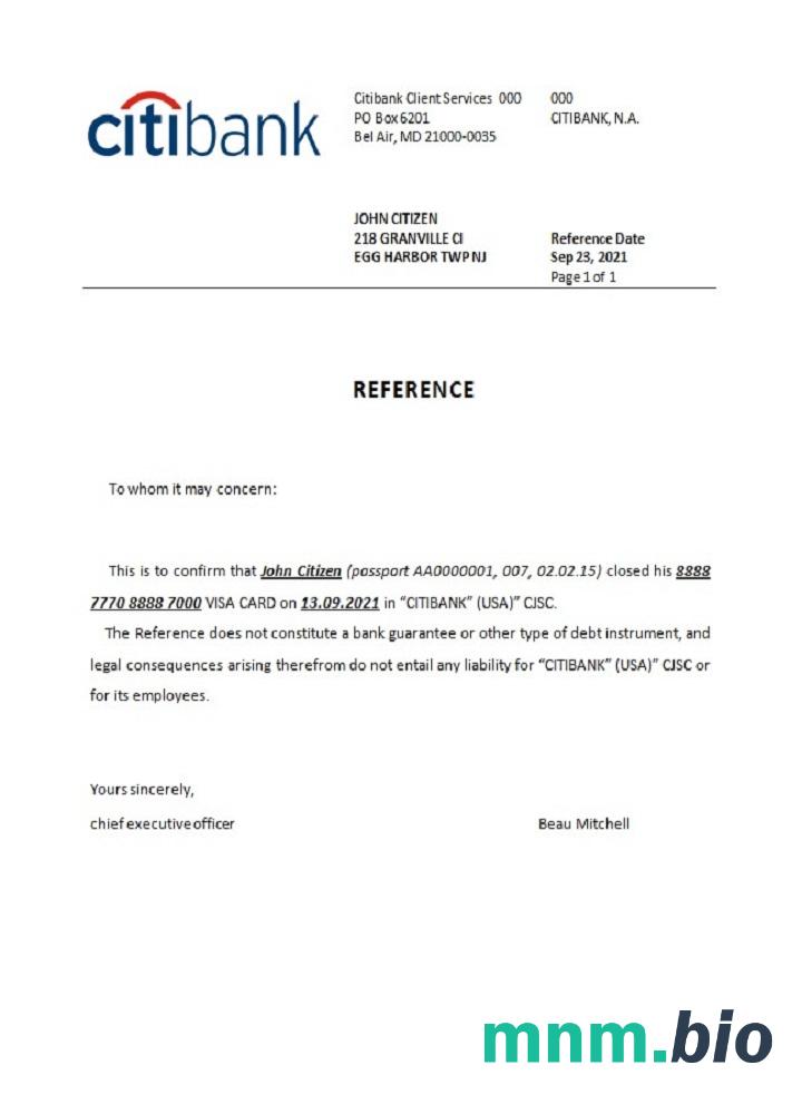 Przykład zamknięcia Citibank w USA w formatach Word i PDF